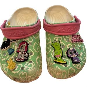 CHILD’S CROCS, PARTY ANIMALS GREEN AND PINK CLOGS, SIZE J 1
